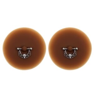 Pair of nipple covers piercing bar half-ring faux diamond dark skin - XP008F