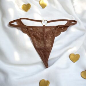 Mole-colored lace thong with golden heart jewel - PA02MBRW